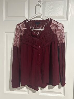 American Eagle Outfitters Burgundy Lace Yoke Button-Front Blouse